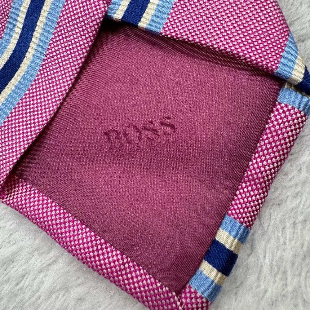 BOSS Hugo Boss Silk Tie Mens One Size Pink Navy Blue Striped Made in Italy